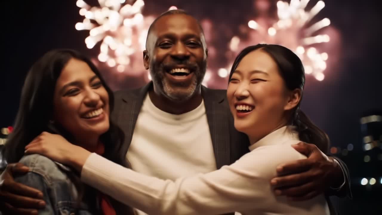 Friends Celebrate Together Under Nighttime Fireworks in a Joyful Gathering by the Water