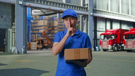 asian male courier in blue uniform showing silence gesture and shaking his head while delivering a carton, outside of logistics distributions warehouse
