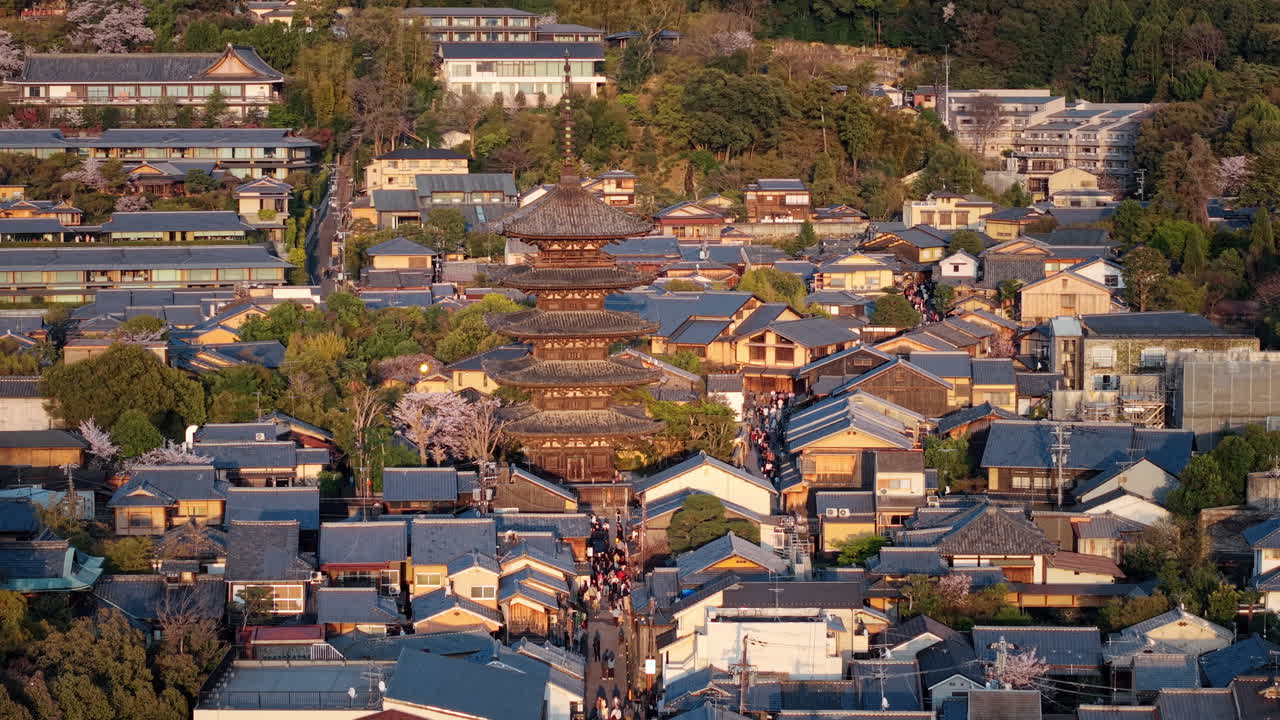 Aerial drone view of the Yasaka Pagoda temple in daylight