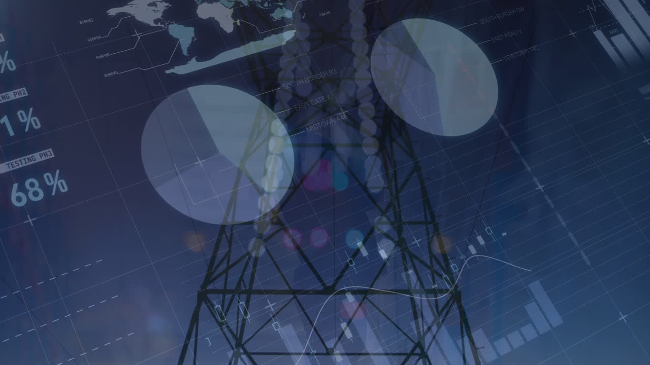 animación de gráficos y datos financieros sobre los postes de electricidad al anochecer