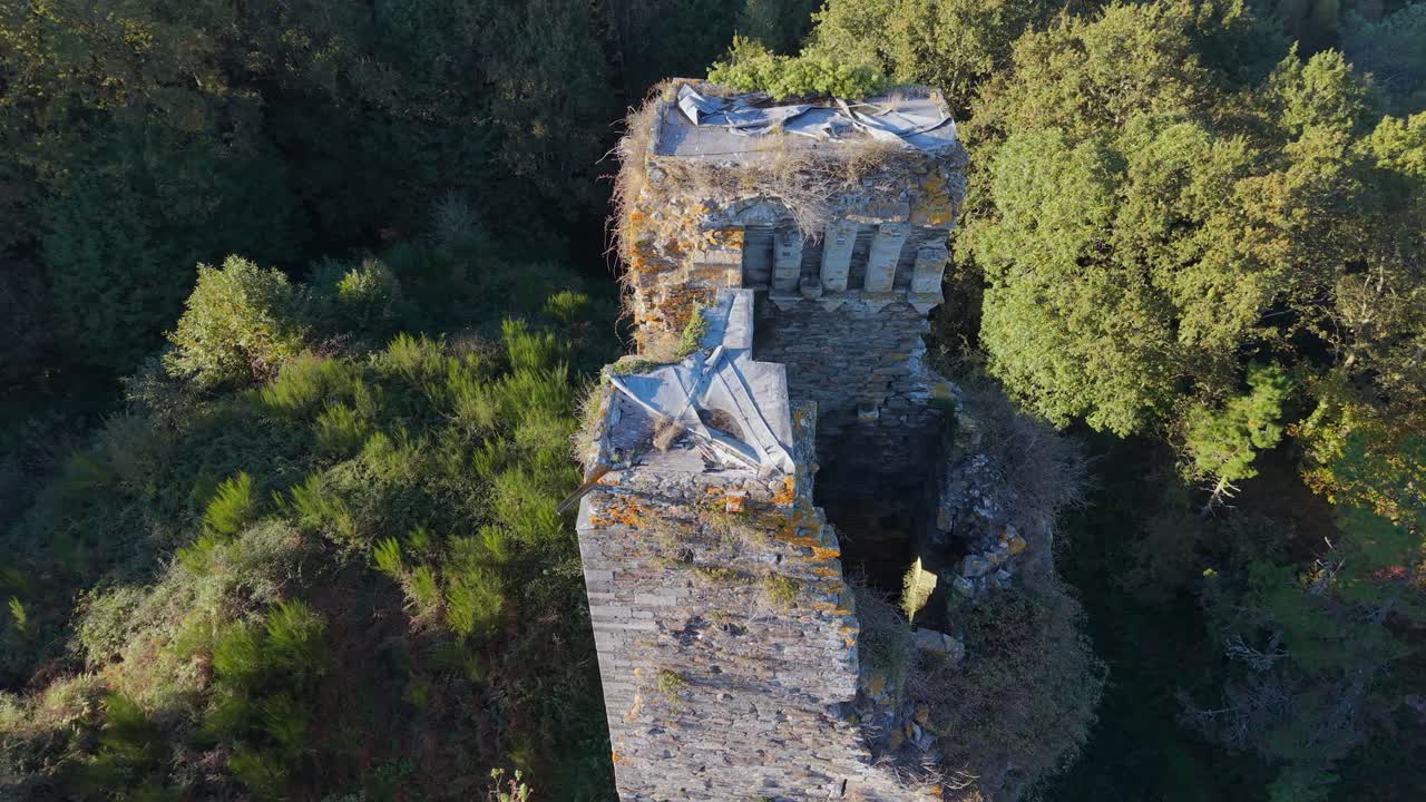 Ruins Of Torre de Caldaloba In Cospeito, Lugo, Spain - Drone Shot