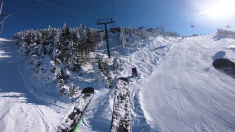 ski holidays. ski lift and gondola. first person view pov with skis. skiing on snow slopes in the mountains, people having fun on the slopes on a snowy day - winter sport and outdoor activities.