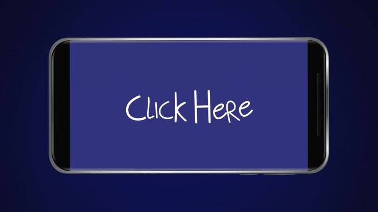 Animation of white words Click Here and arrows flickering on black screen of smartphone on blue ba