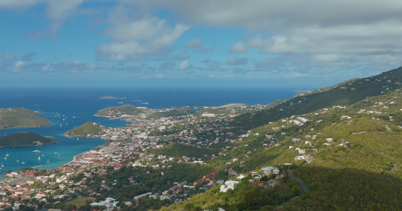 Panoramic View Of The Harbor In Charlotte Amalie, The Capital of Saint Thomas in the U.S. Virgin Islands. Aerial Pullback Shot