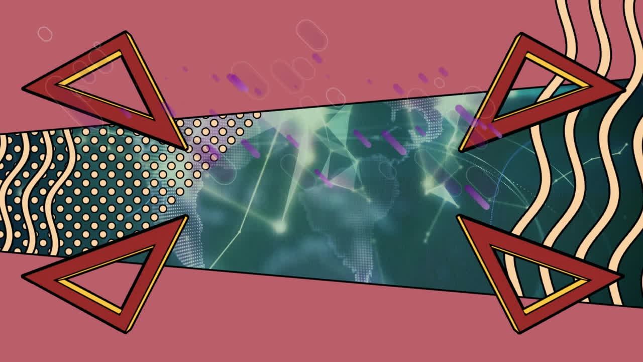 회전하는 지구에 대한 연결 네트워크에 대해 움직이는 추상적인 모양