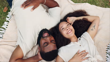 top view, happy and couple on picnic blanket