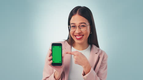 Phone,-green-screen-and-happy-woman-with-hand