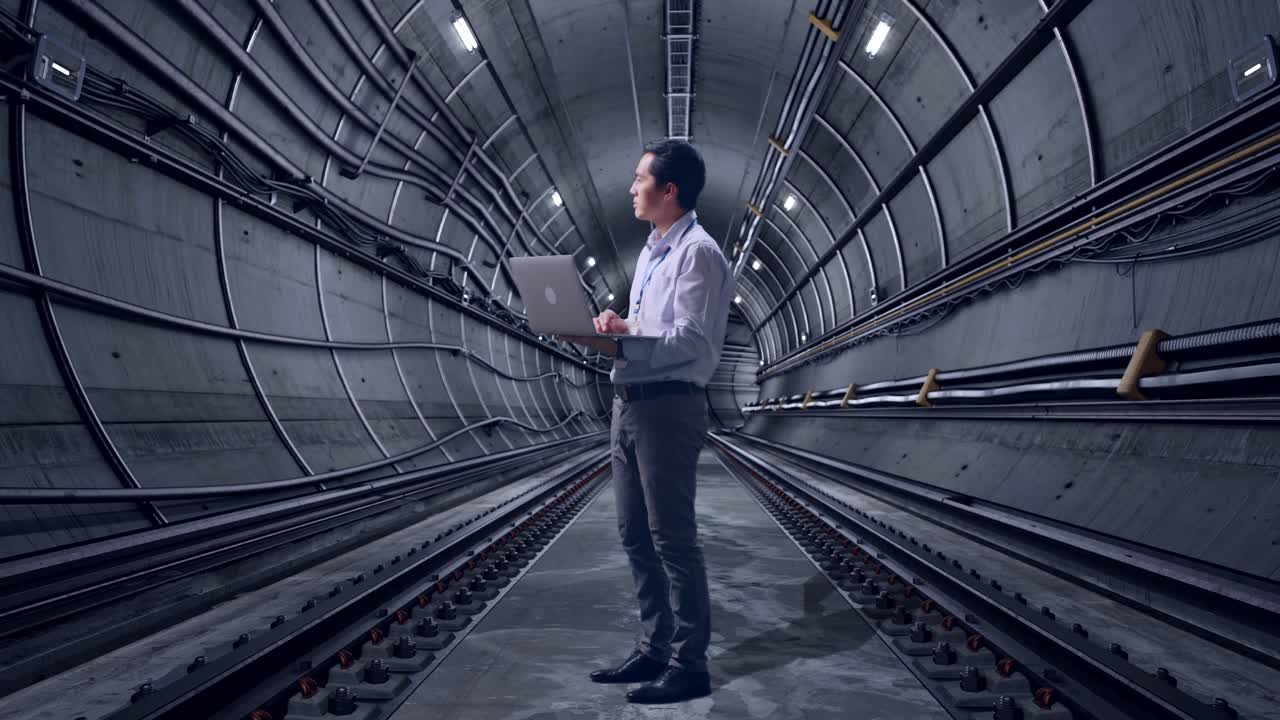 Full Body Side View Of An Asian Male Professional Worker In Underground Subway Tunnel, Observes By Looking Up Before He Come To Concentrating On The Laptop And Keep On Typing