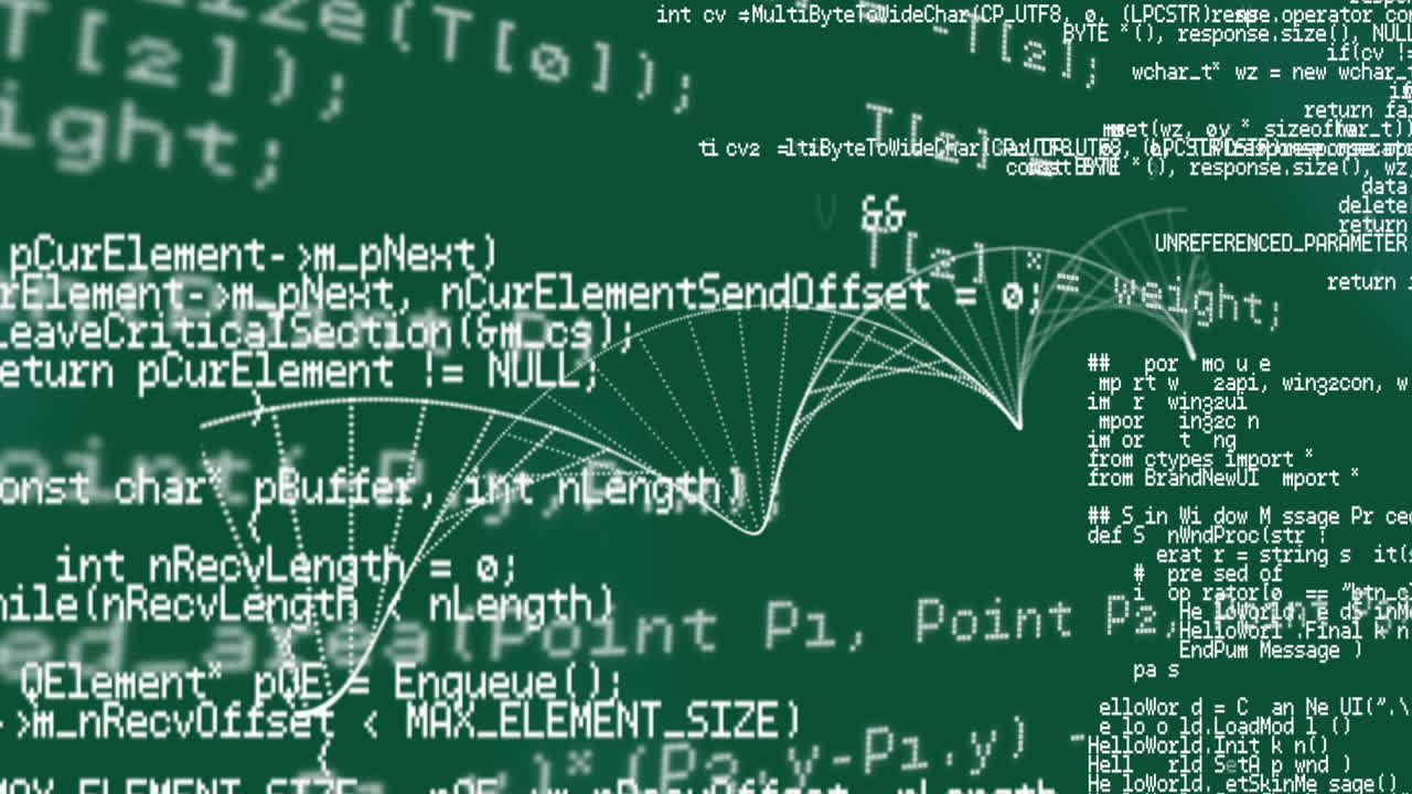 Animation of 3d dna strand spinning and scientific data processing over green background