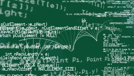 animación del hilado de cadenas de adn en 3d y procesamiento de datos científicos sobre fondo verde