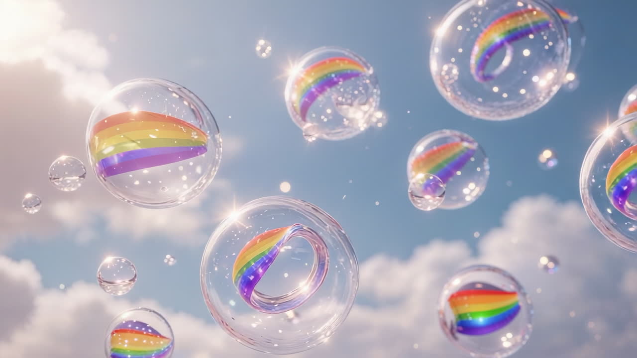 Rainbow Bubbles Floating in a Bright Sky