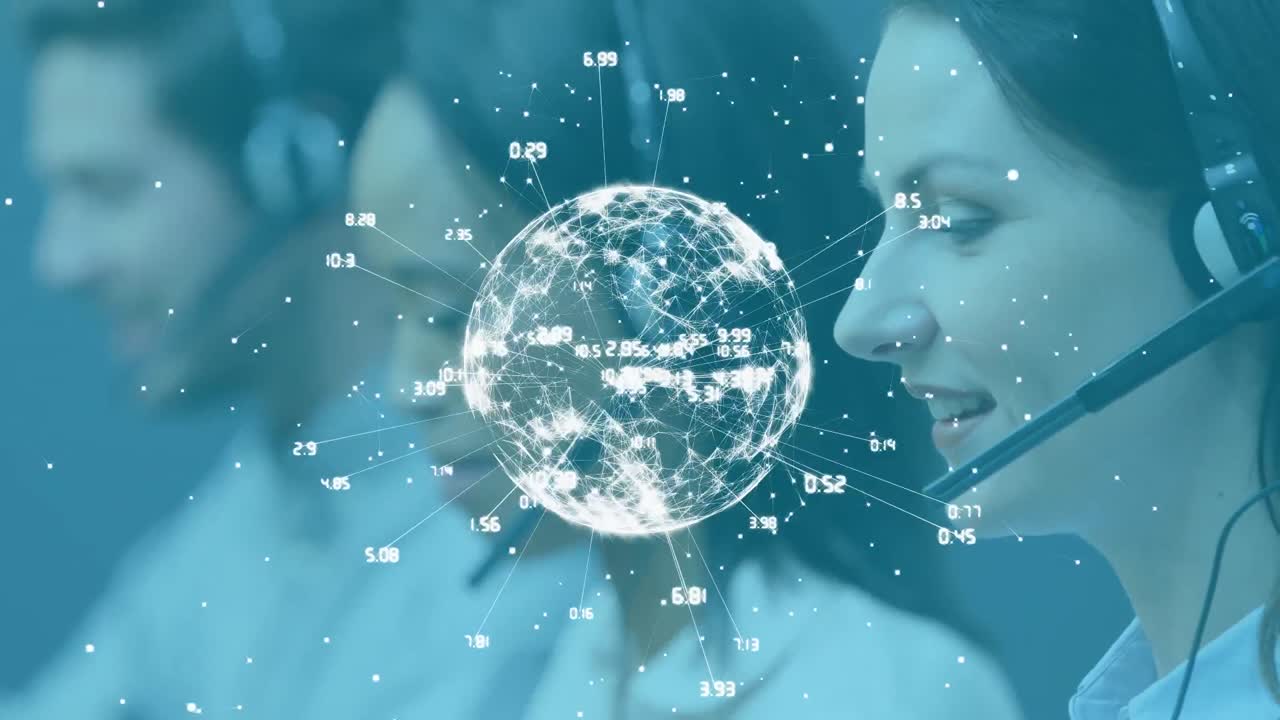 사무실에서 일하는 백인 여성 고객 서비스 임원에 대한 연결 네트워크의 세계