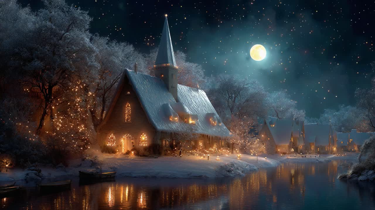 A Serene Winter Night Featuring a Cozy Village Illuminated by Soft Glowing Lights, Under the Watchful Eye of a Full Moon and Fall of Glistening Snowflakes
