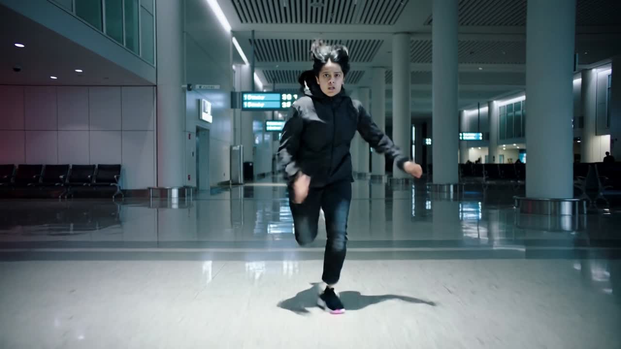 Starting, running man in black jacket, pink-sole shoes sprinting toward airport gate to catch plane