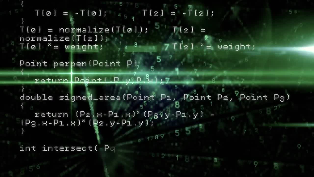 Animation of digital data processing over glowing green lights