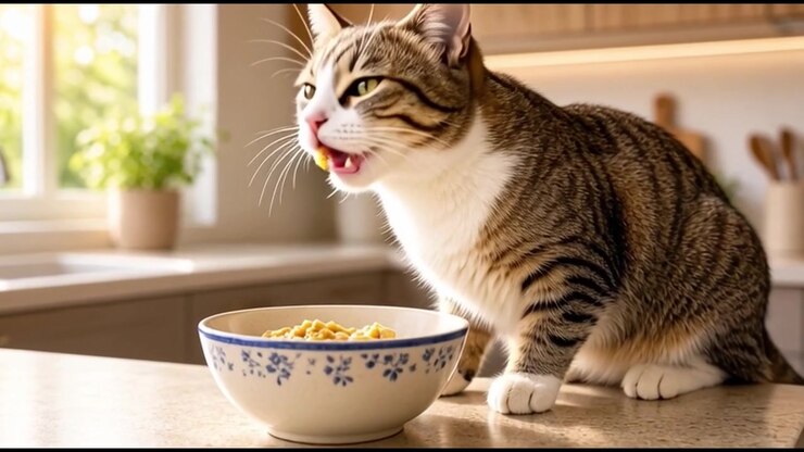 Gato Malhado Comendo Ração Seca de uma Tigela na Bancada da Cozinha
