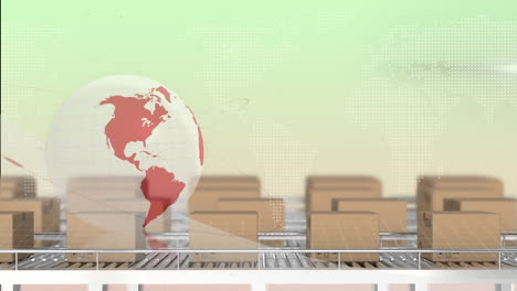 animation of globe over cardboard boxes on conveyor belts