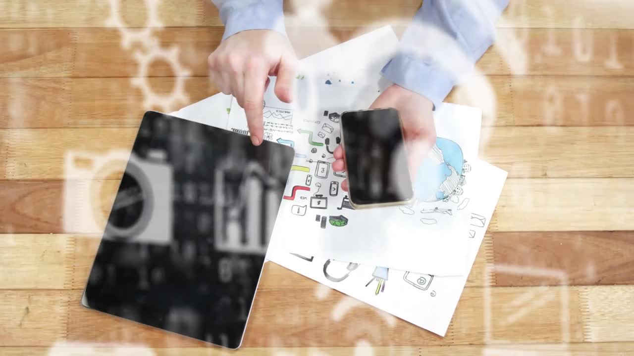 스마트 폰을 사용하는 남자의 중간 섹션에 대한 여러 디지털 아이콘