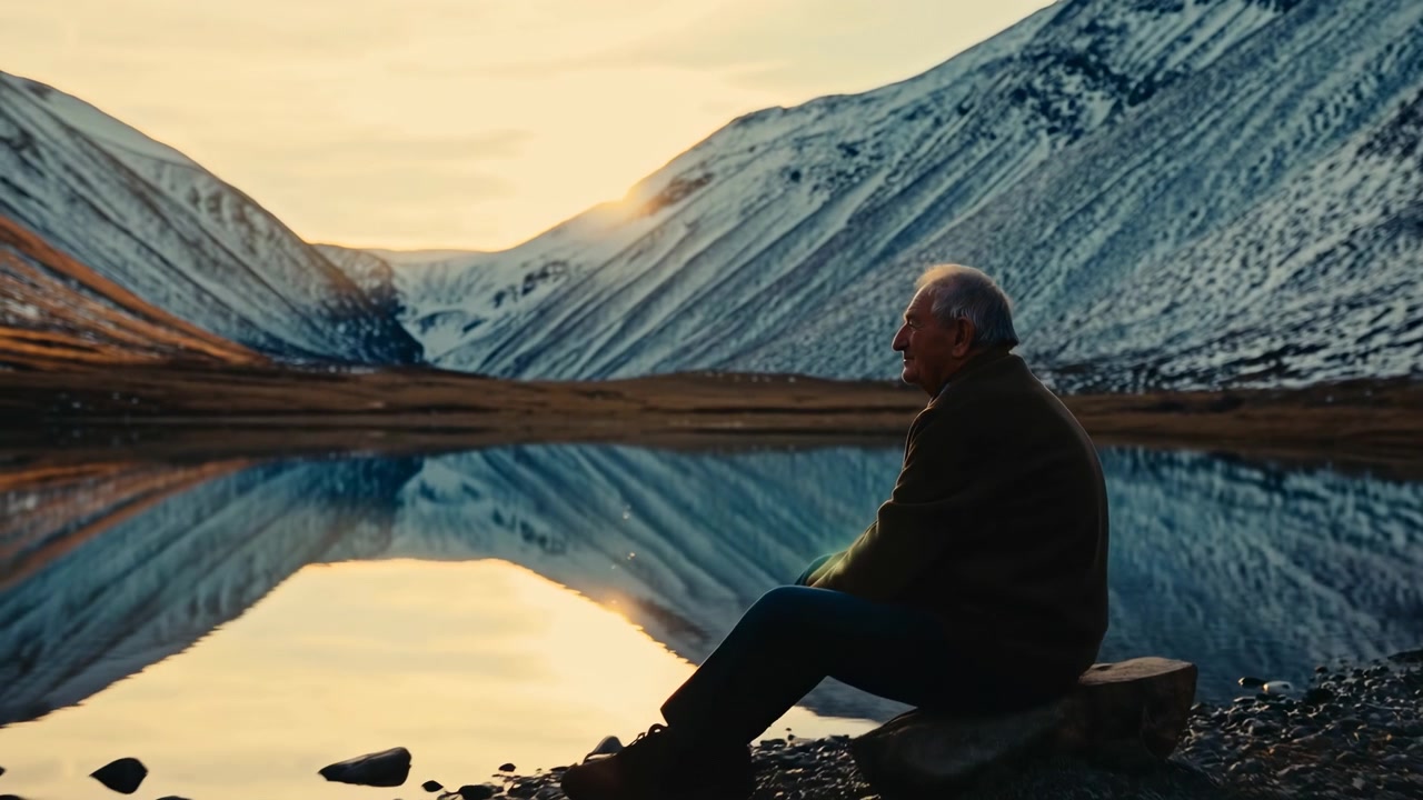 Seated figure remains still beside lake edge while composition opens to show snowy mountain walls, warm backlight, clear reflections, scattered stones, and tranquil water.