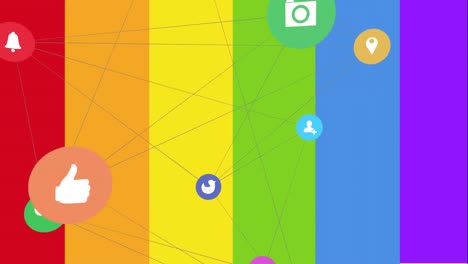 animation of network of connections of technology icons over rainbow background