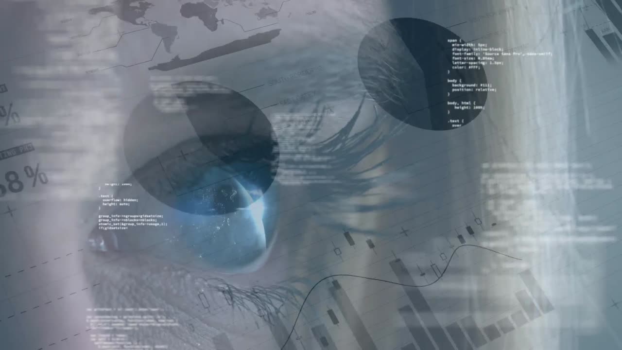 전면에 그래프와 곡선이 있는 금발 백인 여성의 파란 눈