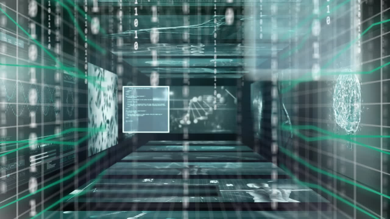 화면에서 바이너리 코딩과 데이터 처리의 애니메이션