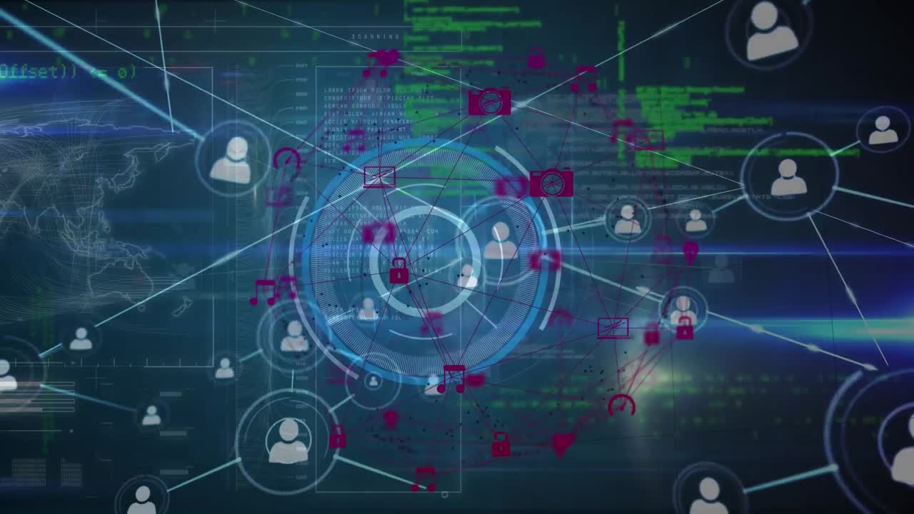 Animation of network of connections with icons over data processing on black background