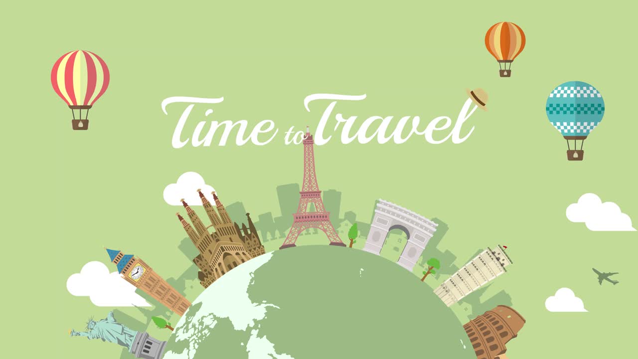 Travel, vacation, sightseeing animation banner (4K) . World heritage and world famous buildings.