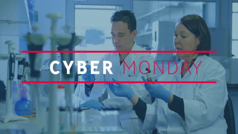 in lab, scientists working with animation of cyber monday text overlay