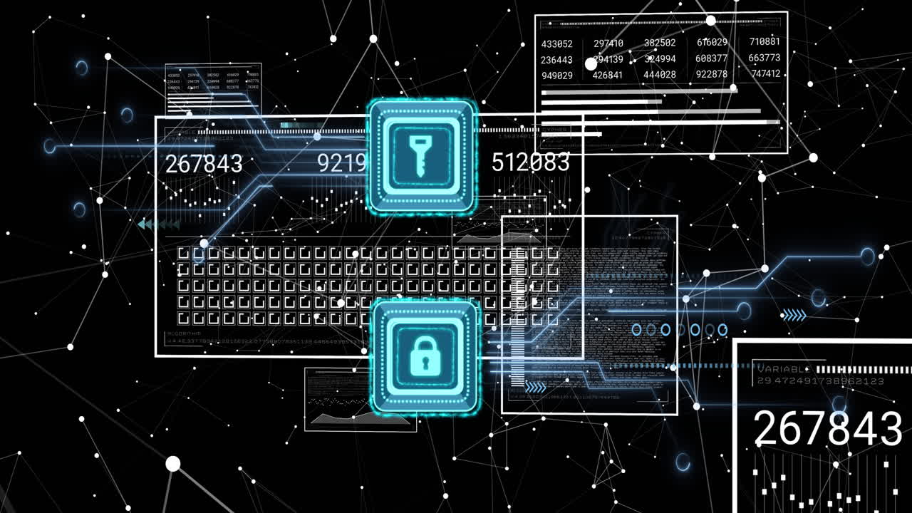 animación del procesamiento de datos y los iconos de candados y teclas sobre un fondo oscuro