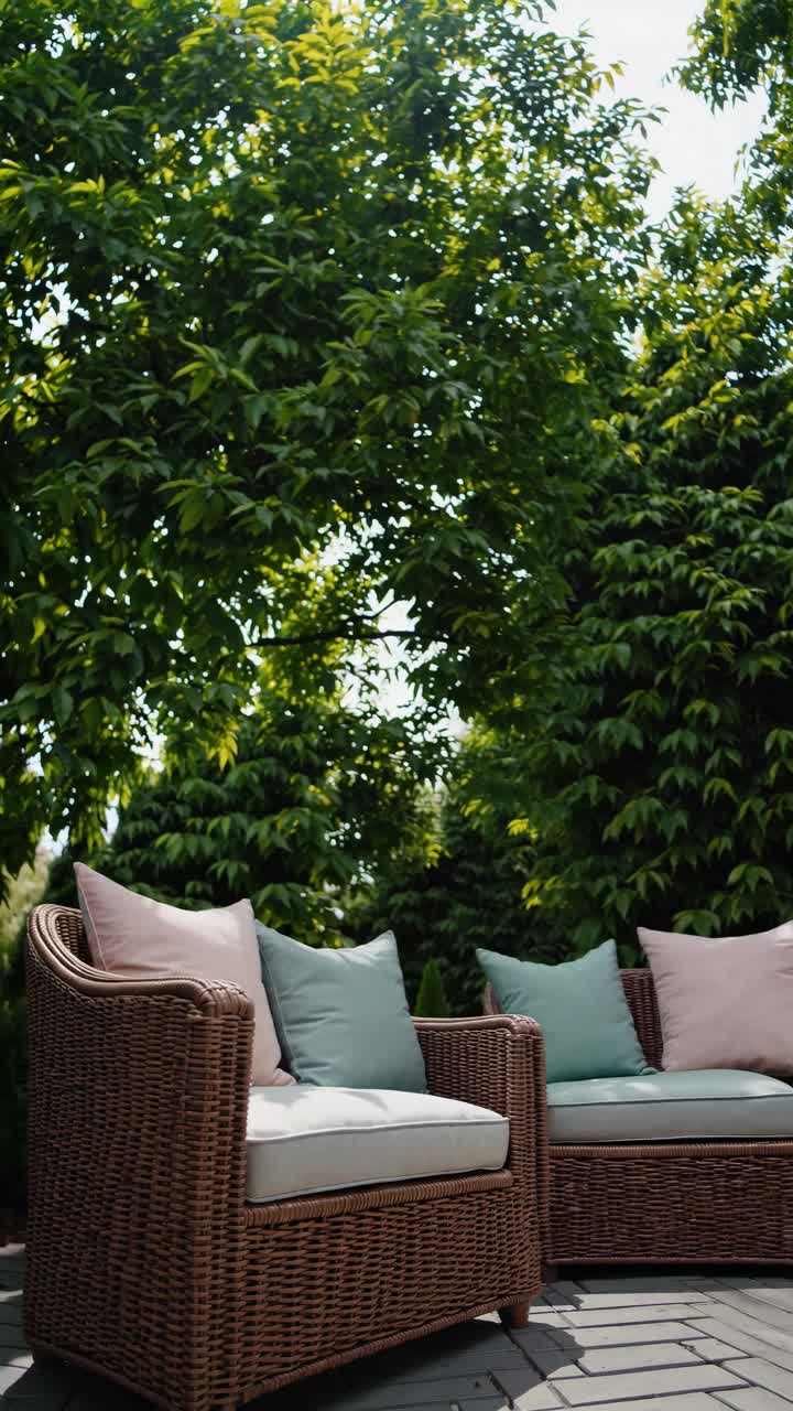 A video captures a low-angle view of wicker patio furniture with pastel cushions, surrounded by lush