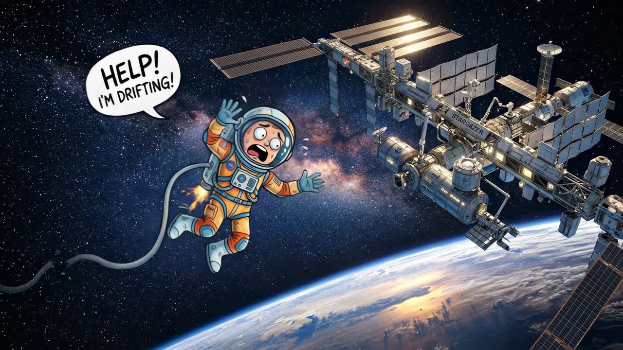Astronauta cartone animato che si allontana alla deriva dalla stazione spaziale in orbita