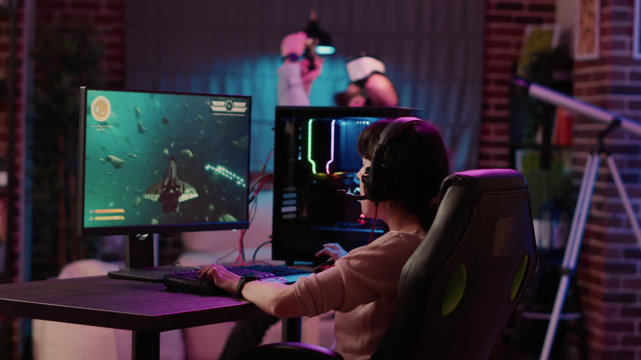 Gamer girl shocked after losing fast paced space shooter while boyfriend is enjoying virtual reality role playing game