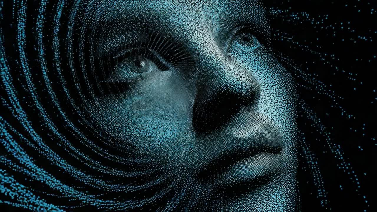 A mesmerizing visual journey through the enveloping patterns of light and shadow, capturing a hauntingly beautiful face that embodies the essence of digital artistry and intricate design