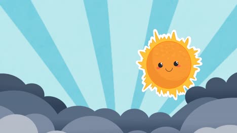 Animation-Von-Sonne-Und-Wolken-über-Blau-Gestreiftem-Hintergrund