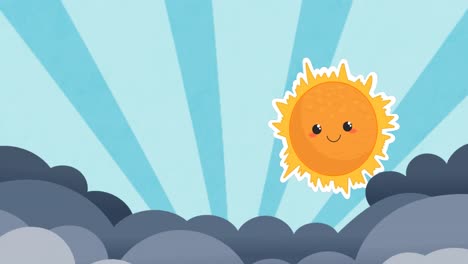 animation of sun and clouds over blue striped background