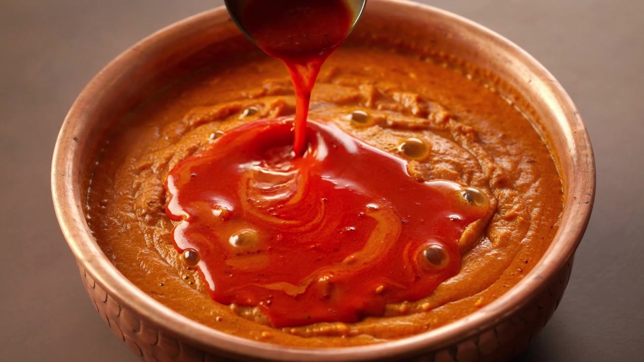 Rotes Chiliöl wird in eine Schale indisches Curry gegossen