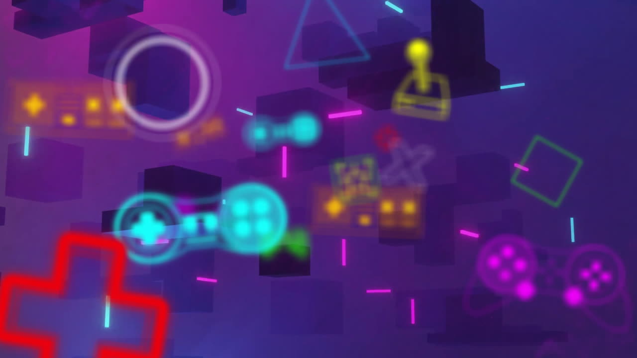 Animation of pink and blue dashes over video game controllers and icons on purple