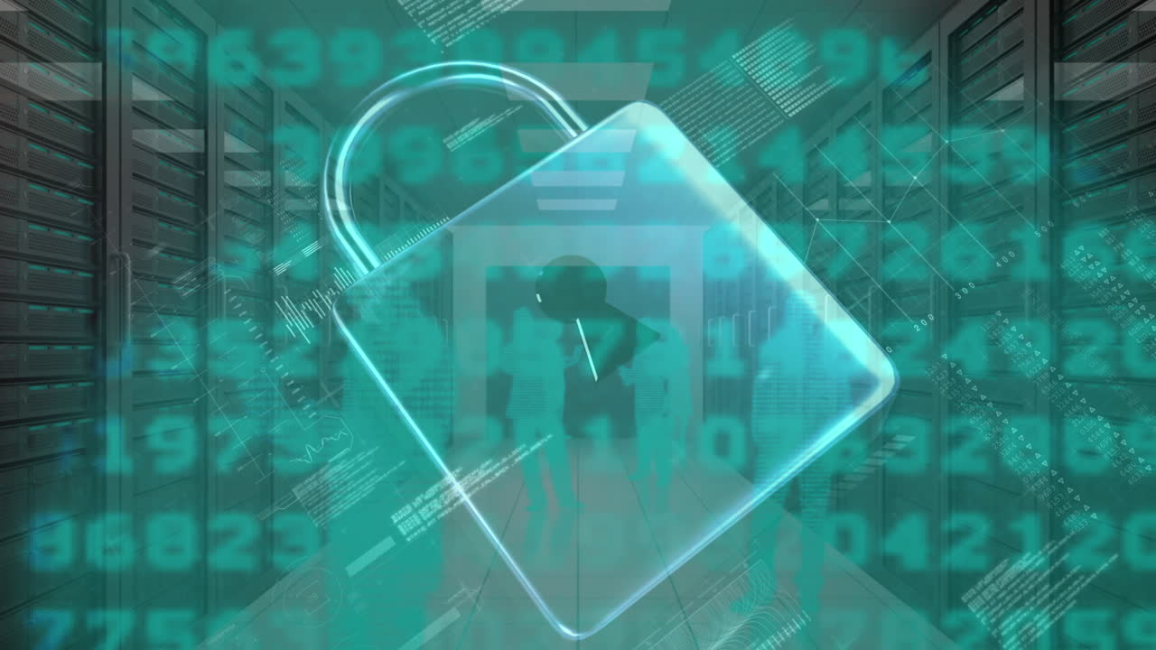 animación del procesamiento de datos y el icono del candado sobre la sala del servidor