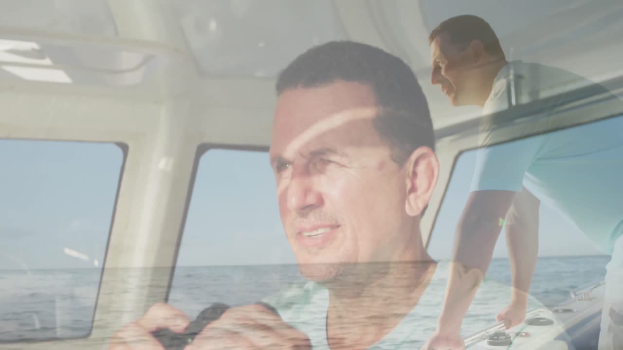 카우카스인 남자가  ⁇ 안경을 사용하여 카우카스인 남자가 항해하는 애니메이션