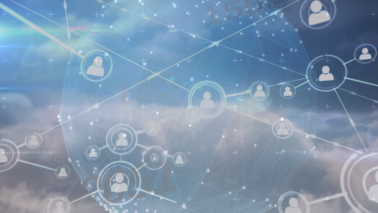 지구와 구름이 가득한 하늘 위의 연결 네트워크의 애니메이션