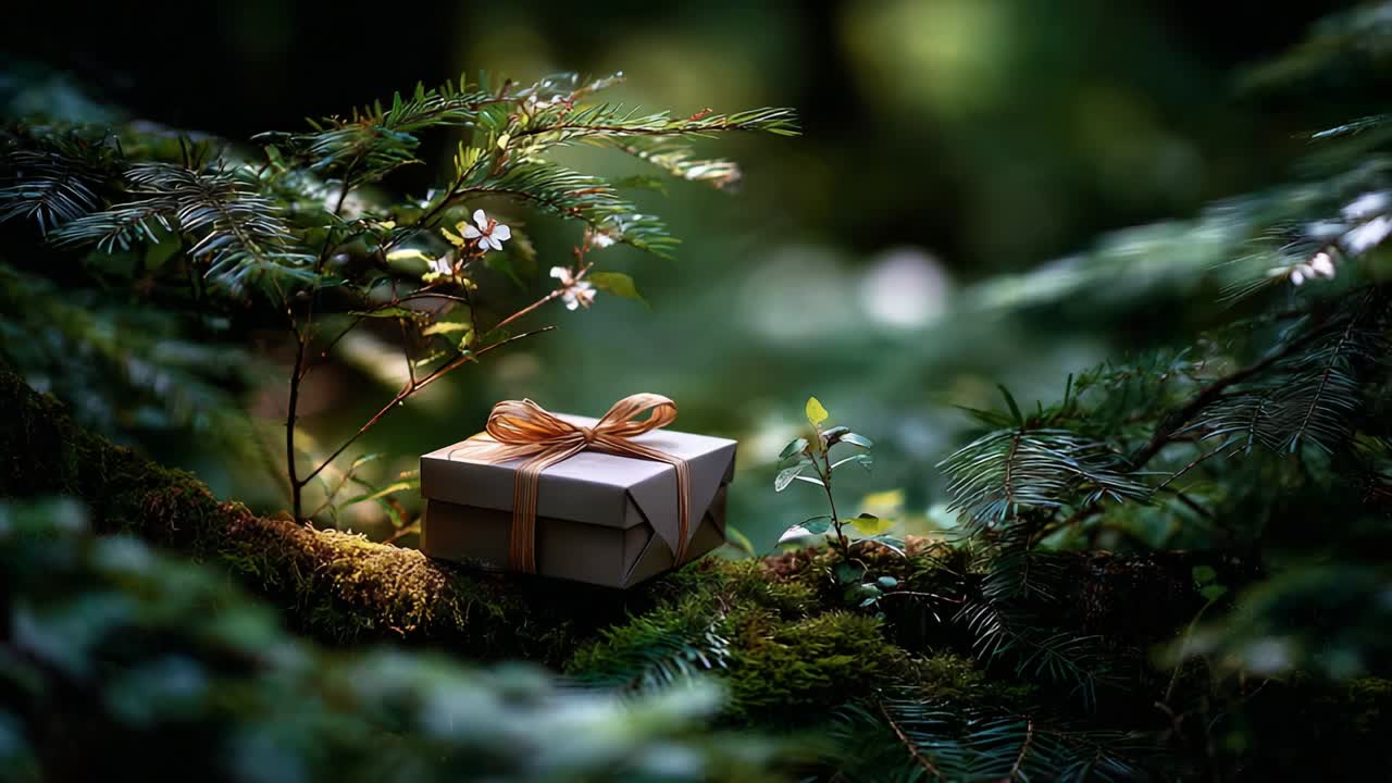 A beautifully wrapped gift box nestled among lush green foliage, highlighting nature's serenity and charm. The delicate flowers and rich textures create a captivating atmosphere of anticipation