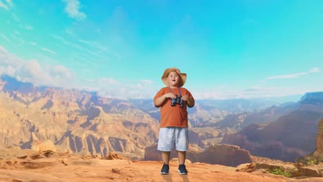 asian boy with a hat saying wow after looking through the binoculars. boy researcher examines something while traveling at the top of mountain, travel tourism adventure concept, full body