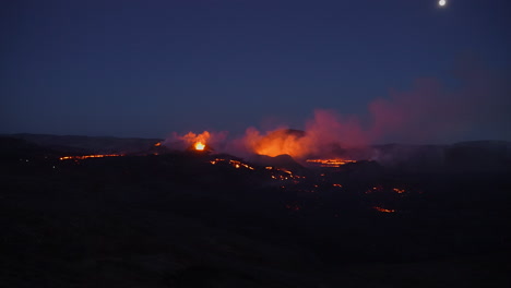 volcanic eruption at night in geldingadalir valley in reykjanes, iceland