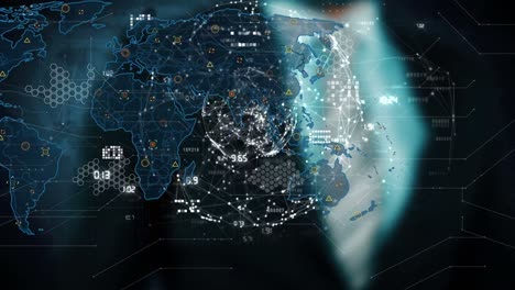 animación de números y procesamiento de datos sobre el mapa del mundo