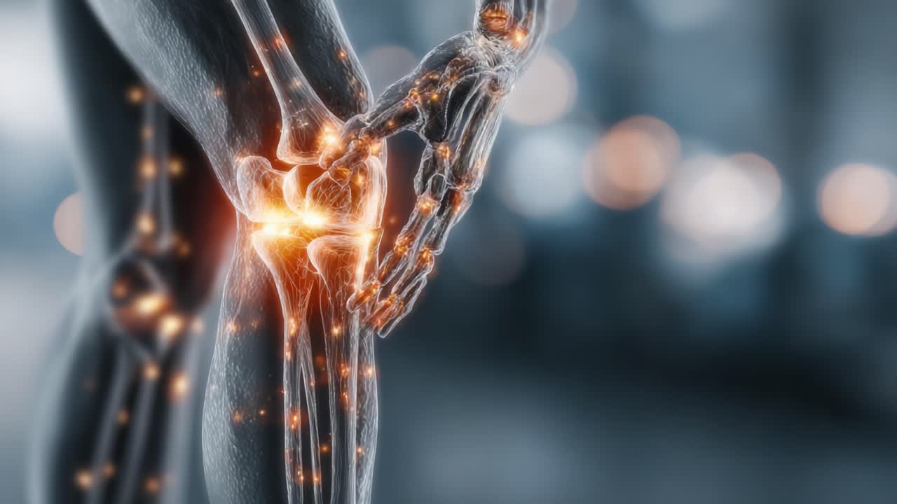 Futuristisk visualisering af et menneskeligt knæled, der fremhæver muskuloskeletal struktur og smertepunkter med vægt på ledets anatomi og bevægelsesdynamik