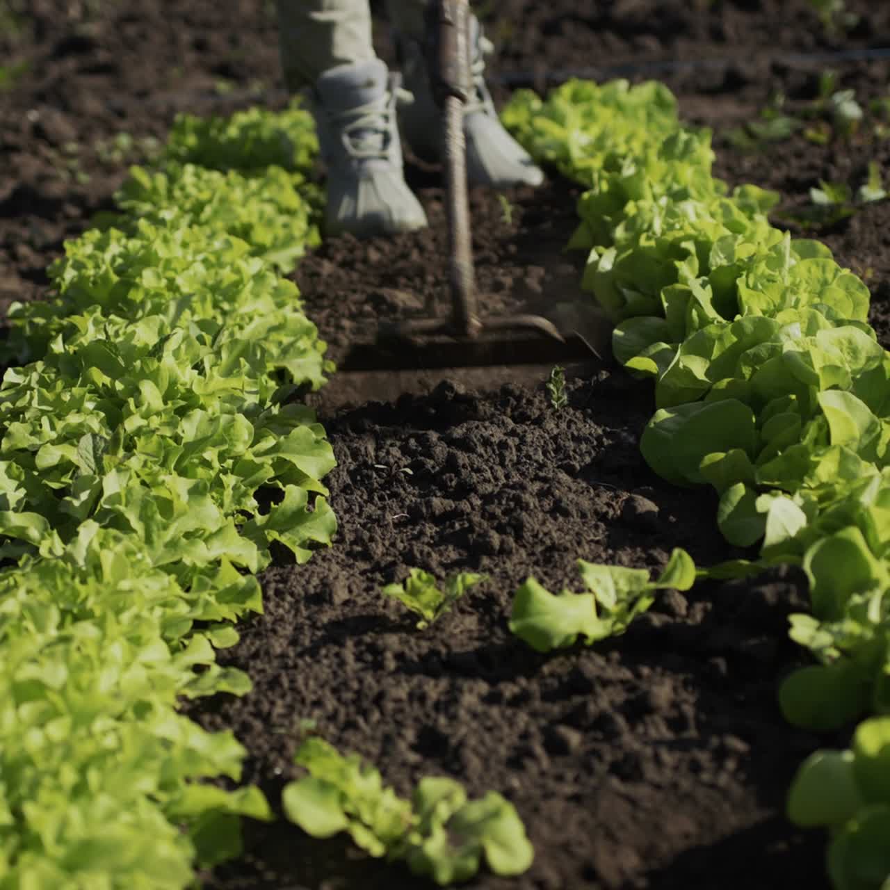 Agricultora capina um canteiro de vegetais