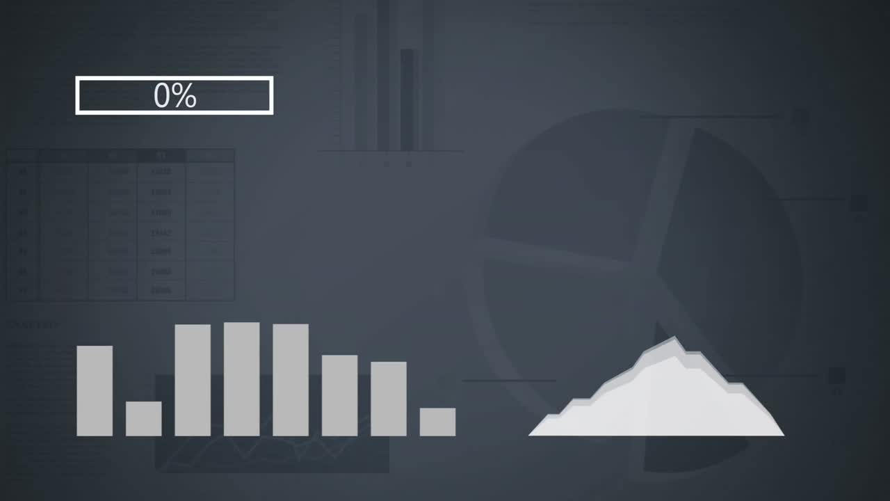 Animation of statistics and digital data processing over black background