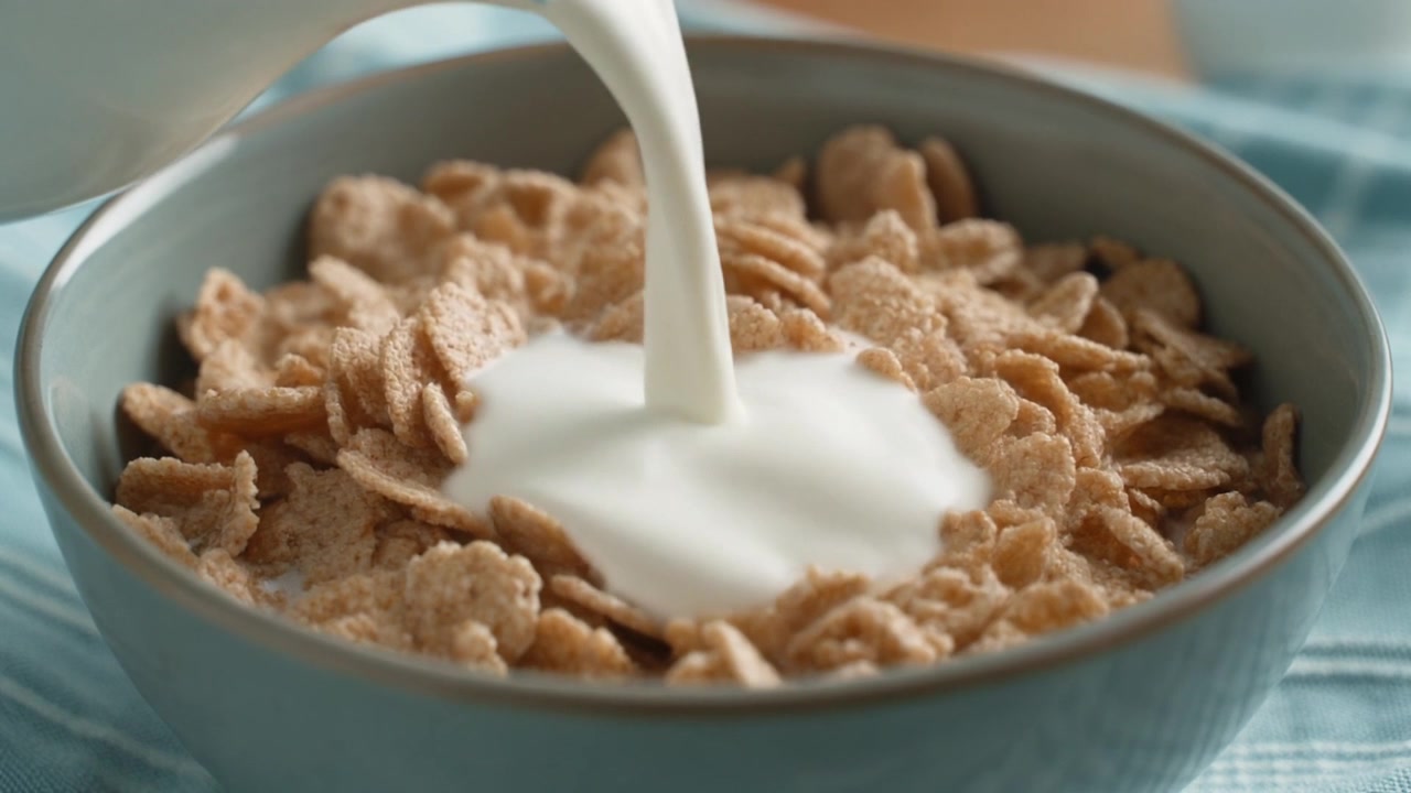 Latte fresco versato in una ciotola di cereali croccanti