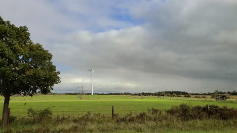 generic electric car driving through green landscape with wind turbines in background, view from inside
